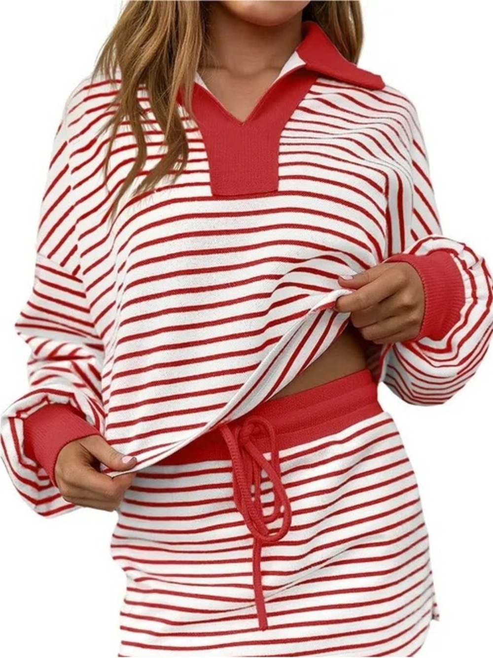 eesome Red and White Striped Long Sleeve Polo Sweater